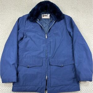 Vintage Schott NYC Sportswear Coat Mens M Blue Quilt Lined Fur Collar USA Made